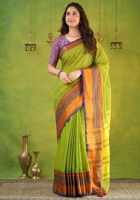 Parrot Green Weaving Cotton Saree Set