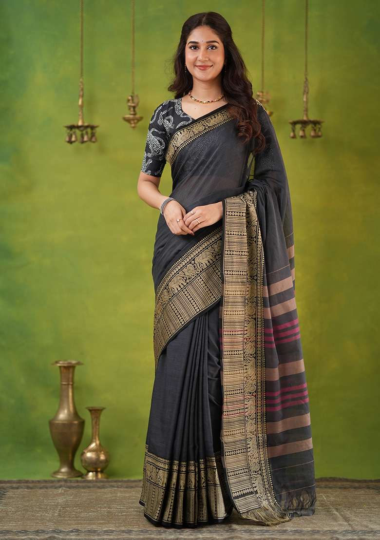 Grey Weaving Cotton Saree Set - Indya