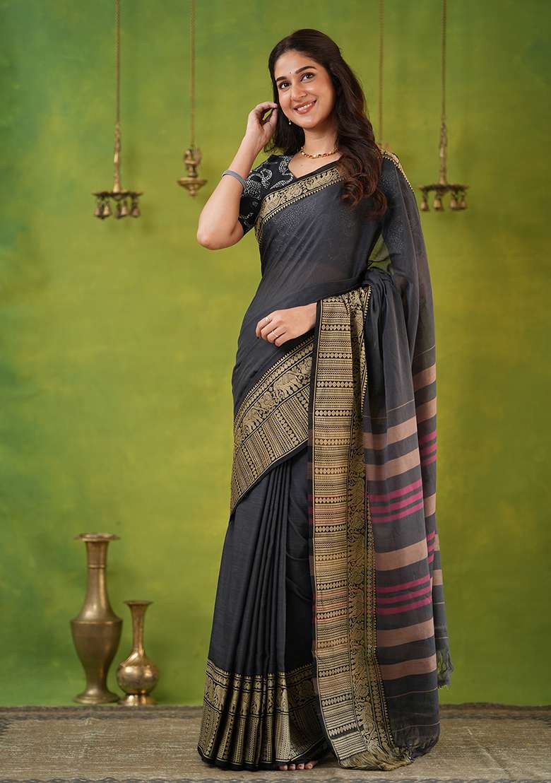 Grey Weaving Cotton Saree Set - Indya