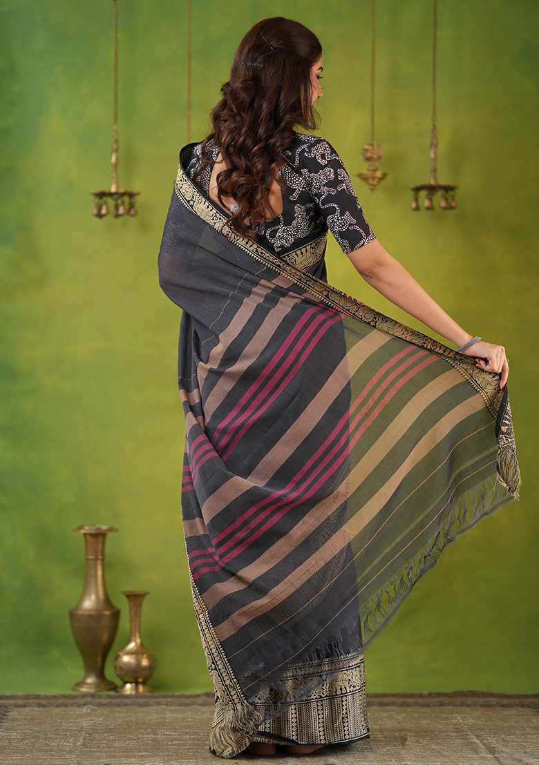 Grey Weaving Cotton Saree Set - Indya