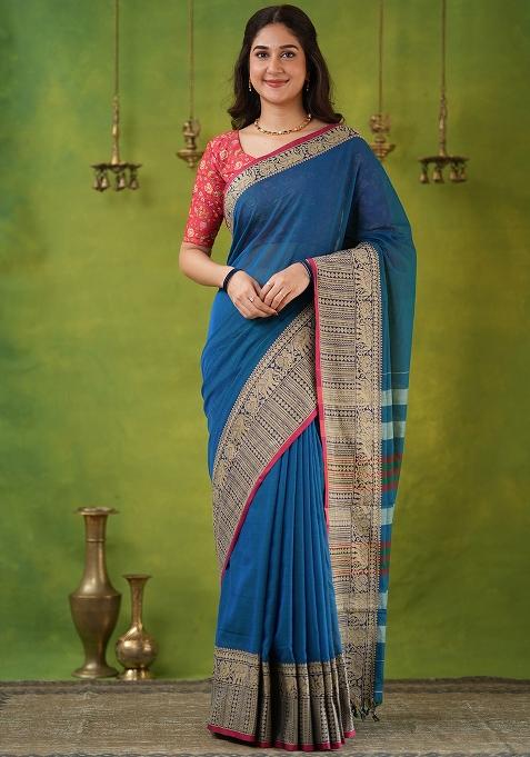 Rama Blue Weaving Cotton Saree Set