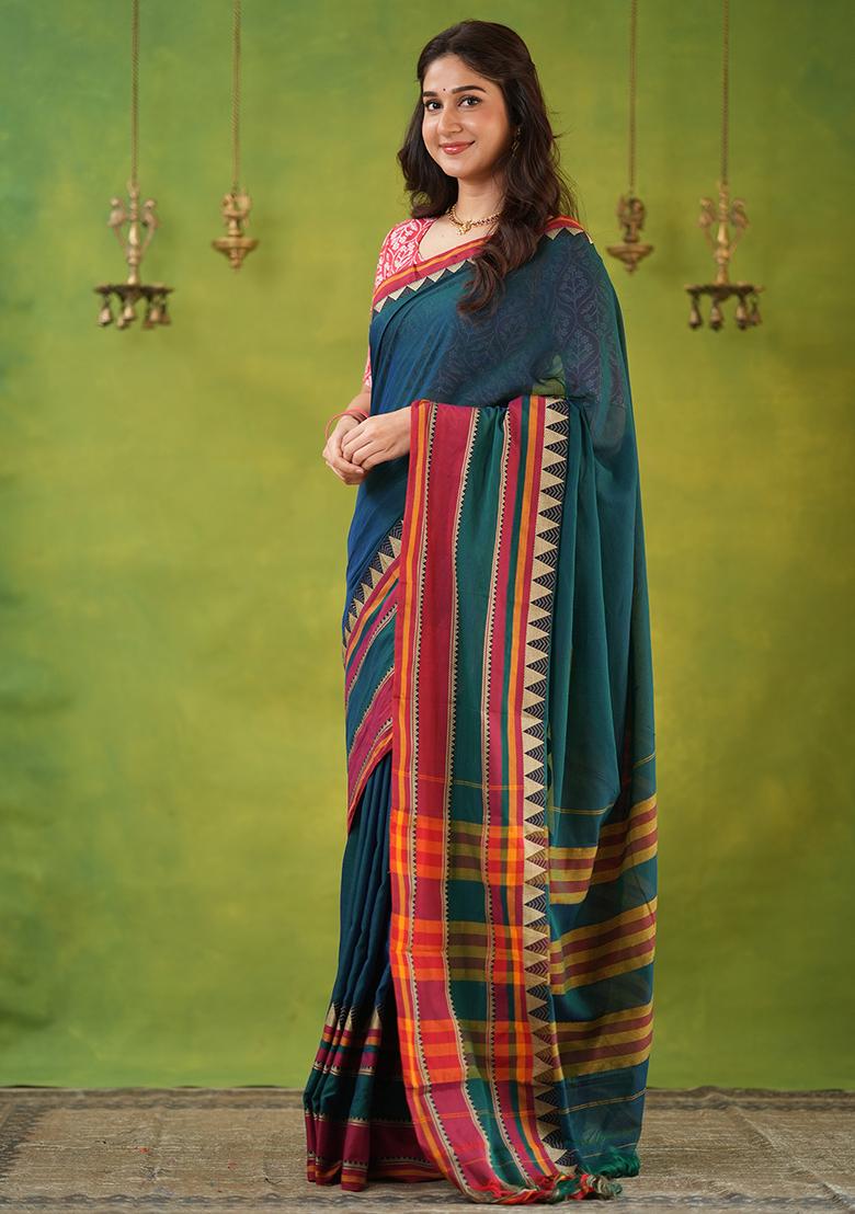 Green Weaving Cotton Saree Set