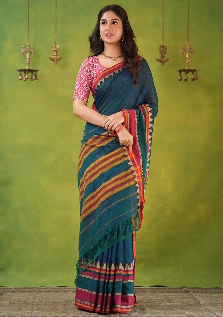 Green Weaving Cotton Saree Set