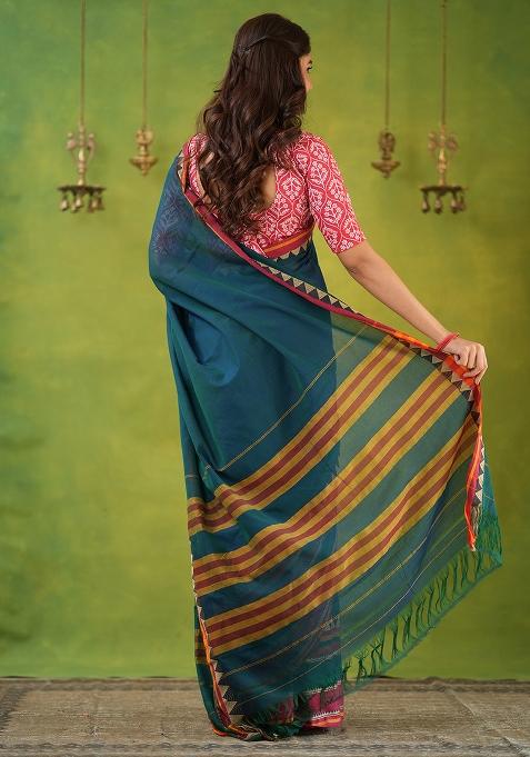Green Weaving Cotton Saree Set