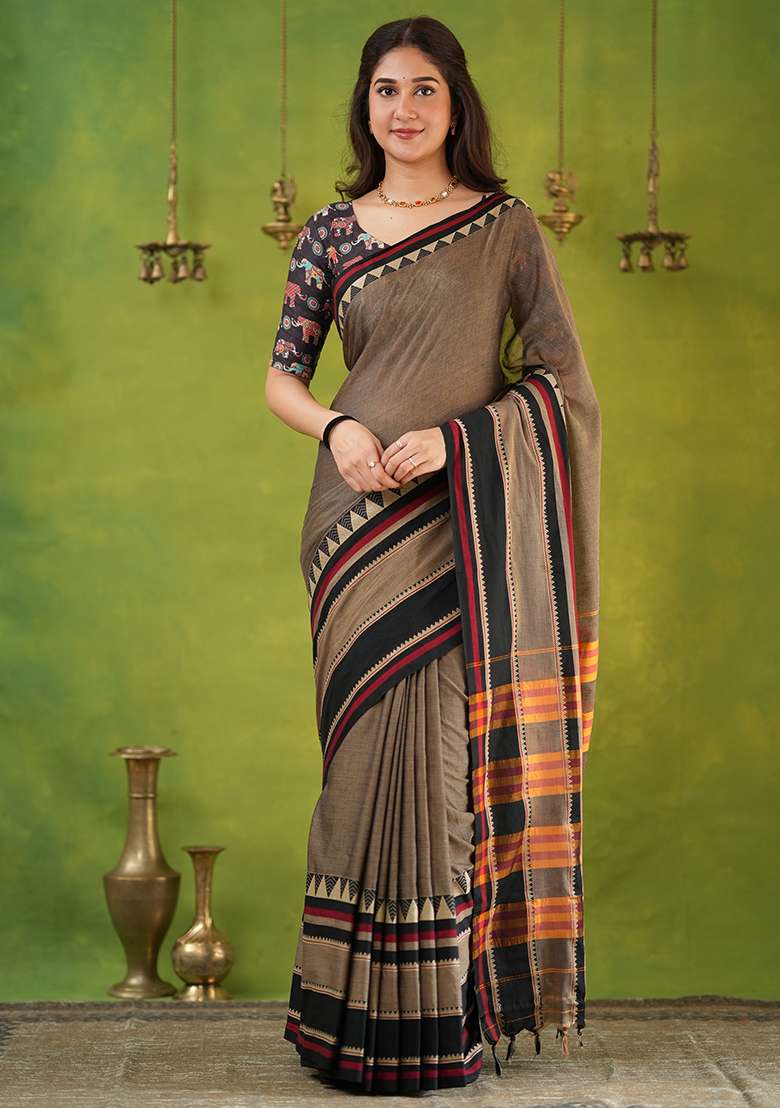 Grey Weaving Cotton Saree Set - Indya