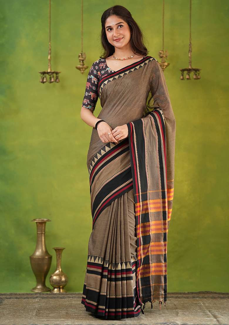 Grey Weaving Cotton Saree Set - Indya