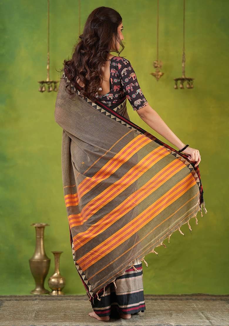 Grey Weaving Cotton Saree Set - Indya