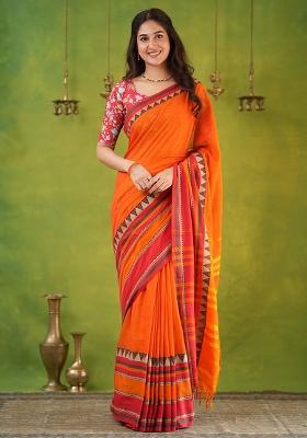 Orange Weaving Cotton Saree Set