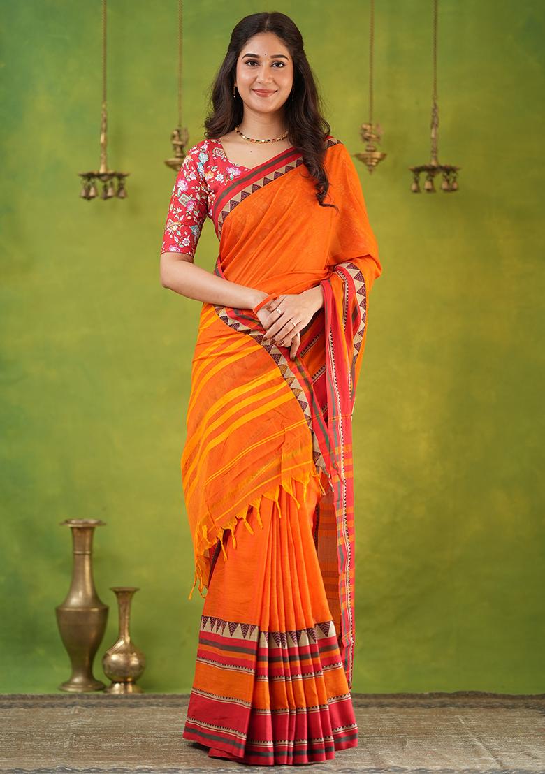 Orange Weaving Cotton Saree Set