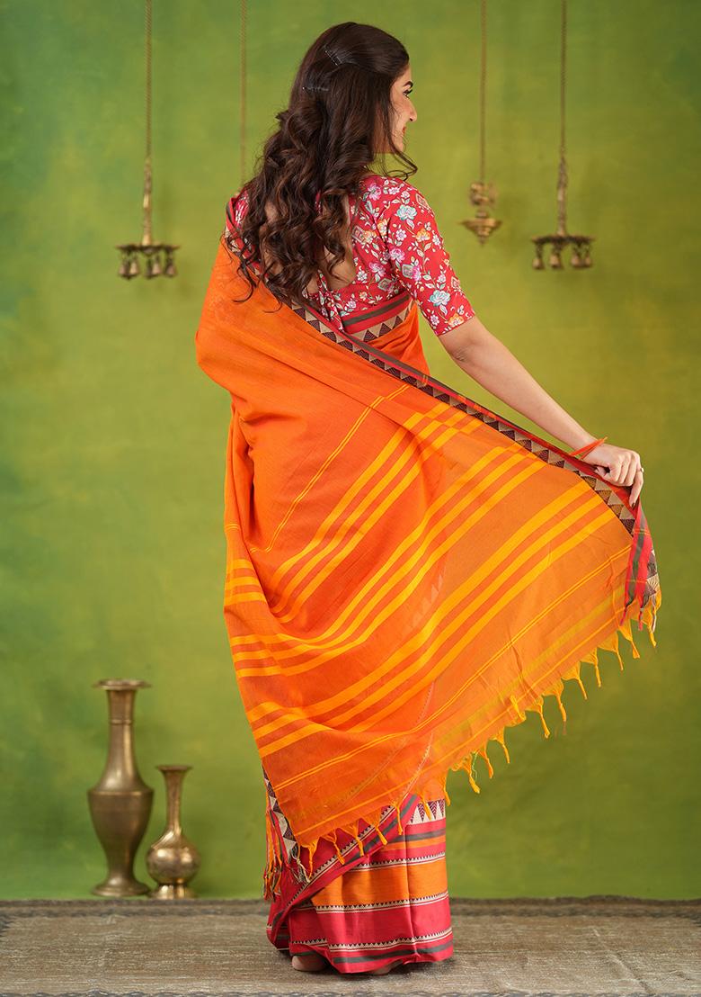 Orange Weaving Cotton Saree Set