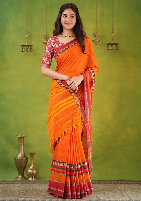 Orange Weaving Cotton Saree Set