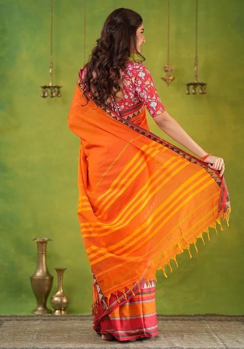 Orange Weaving Cotton Saree Set