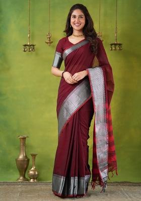 Maroon Weaving Cotton Saree Set