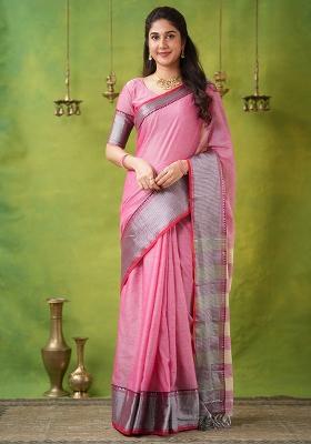 Pink Weaving Cotton Saree Set