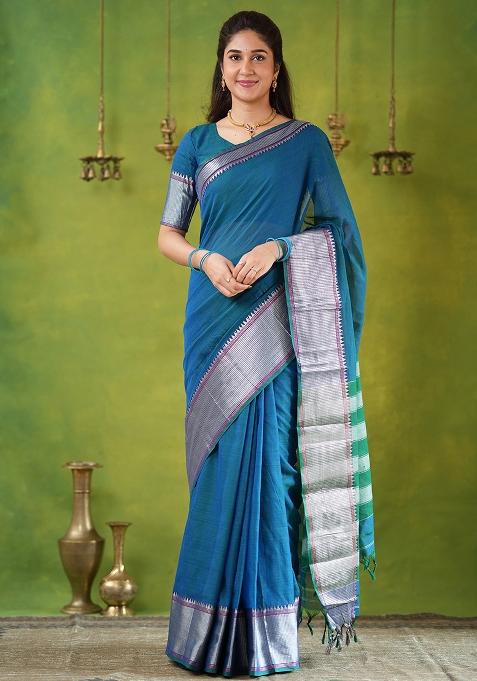 Rama Blue Weaving Cotton Saree Set