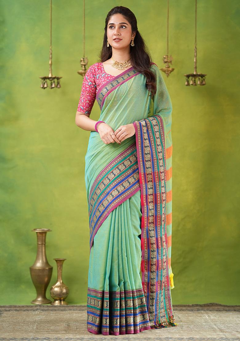 Green Weaving Cotton Saree Set