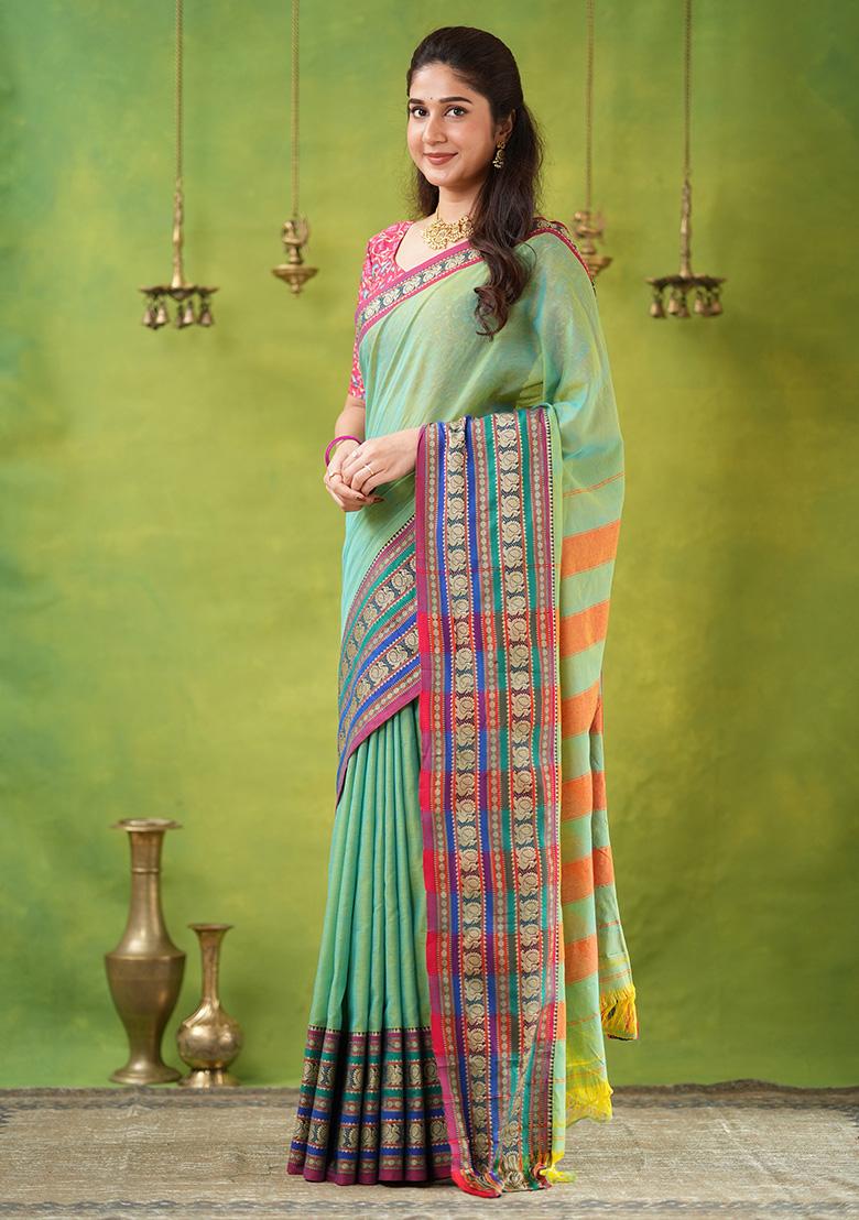 Green Weaving Cotton Saree Set