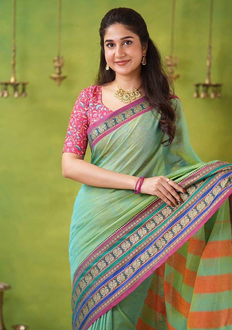 Green Weaving Cotton Saree Set