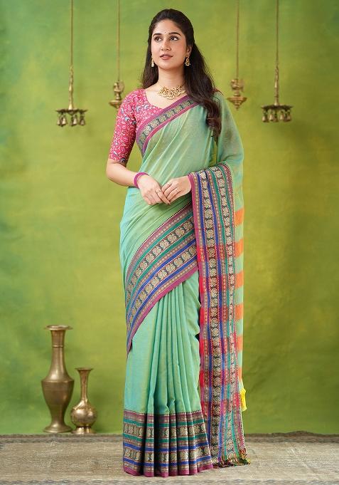 Green Weaving Cotton Saree Set