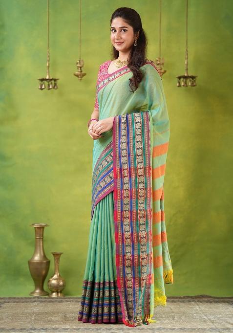 Green Weaving Cotton Saree Set
