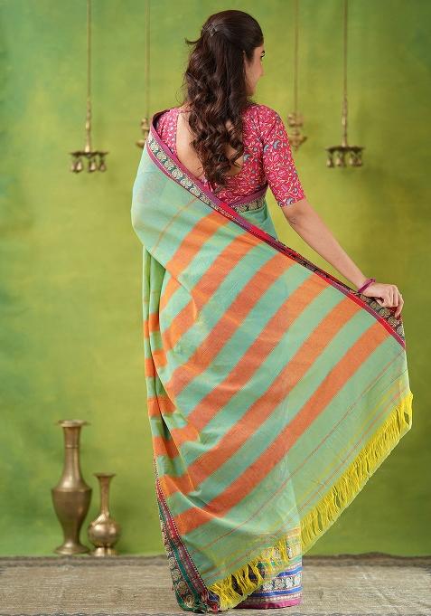Green Weaving Cotton Saree Set