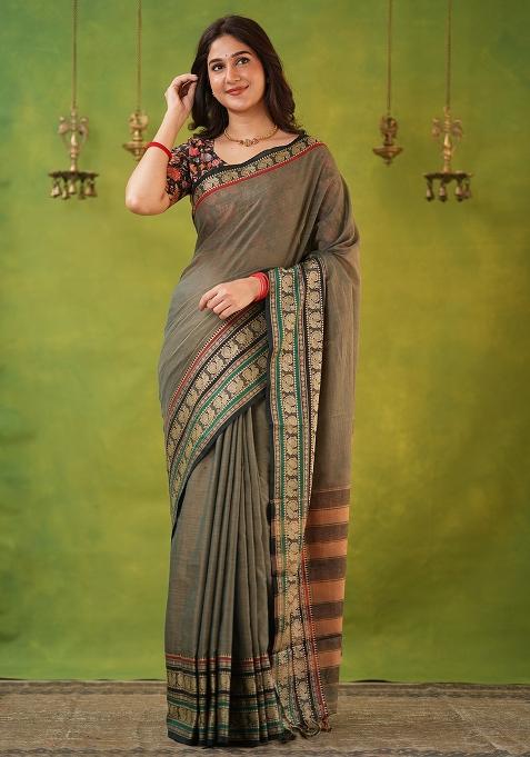 Grey Weaving Cotton Saree Set