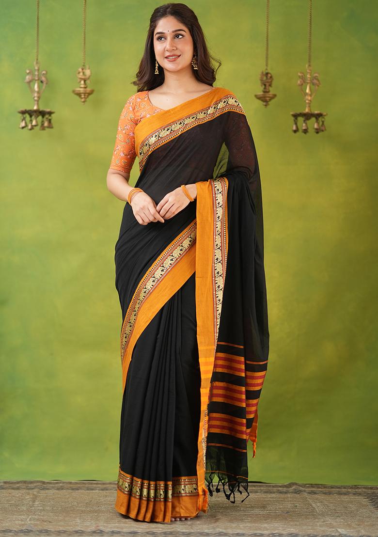Black Weaving Cotton Saree Set