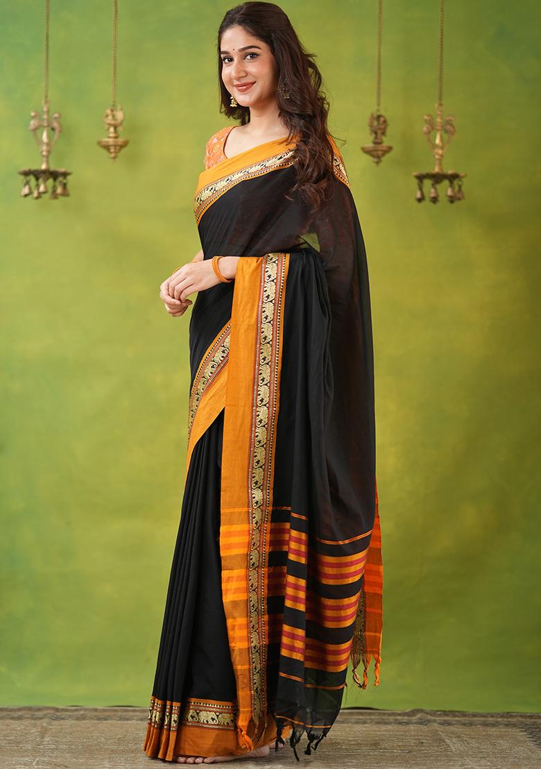 Black Weaving Cotton Saree Set