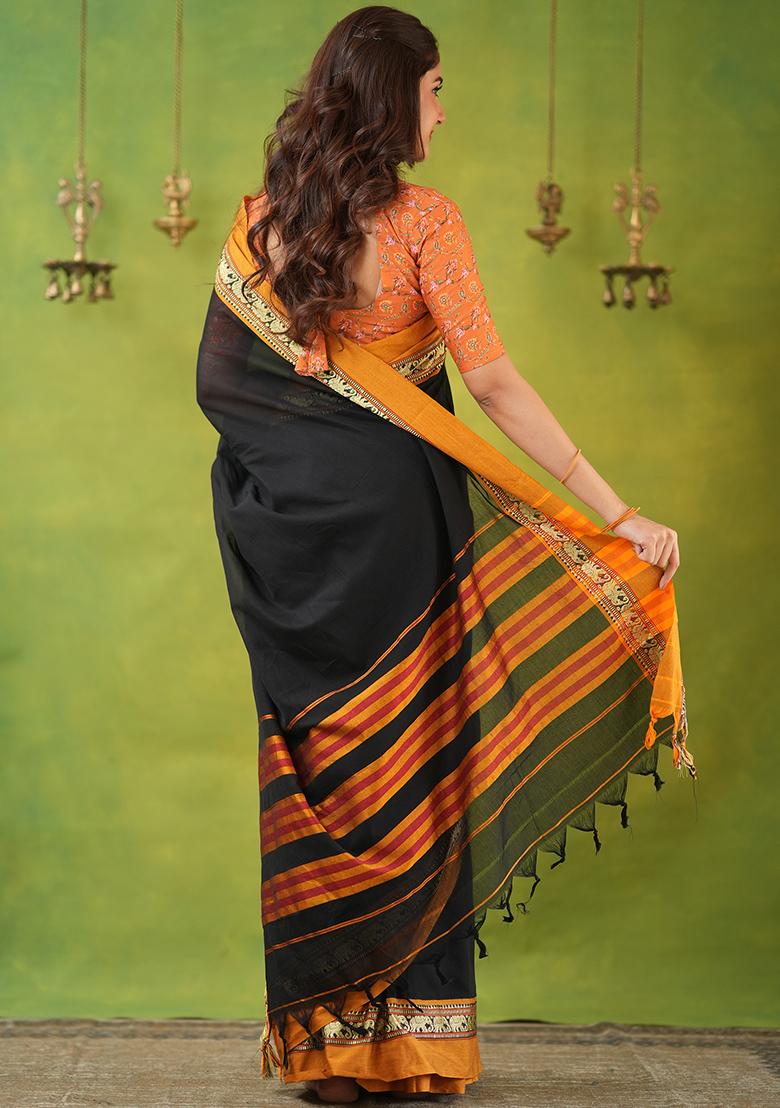 Black Weaving Cotton Saree Set