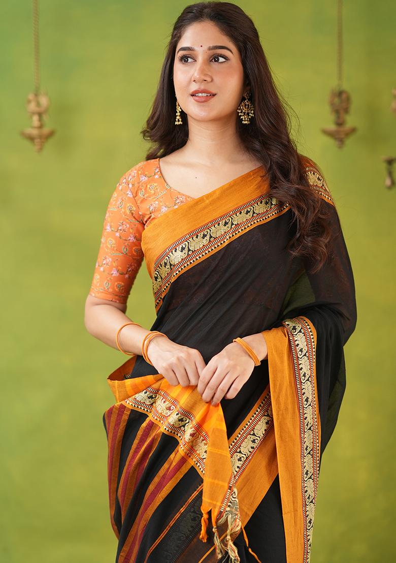 Black Weaving Cotton Saree Set