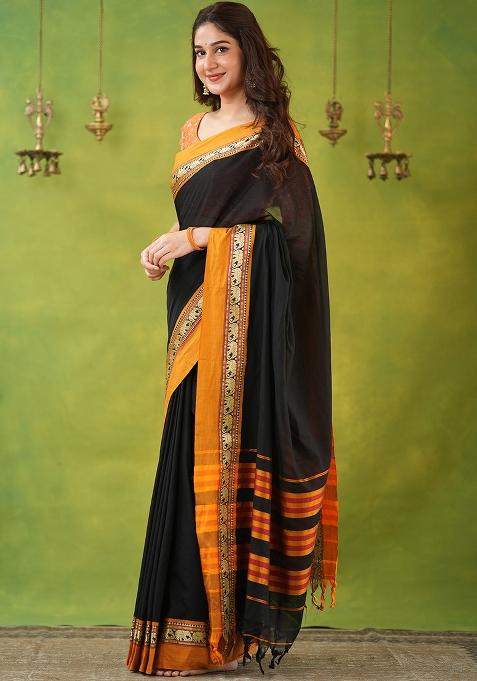 Black Weaving Cotton Saree Set