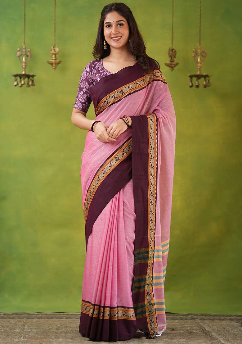 Pink Weaving Cotton Saree Set - Indya