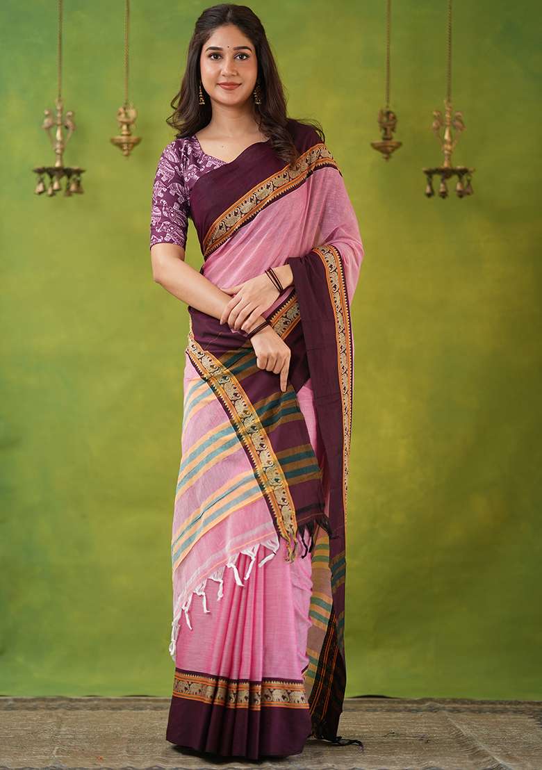 Pink Weaving Cotton Saree Set - Indya