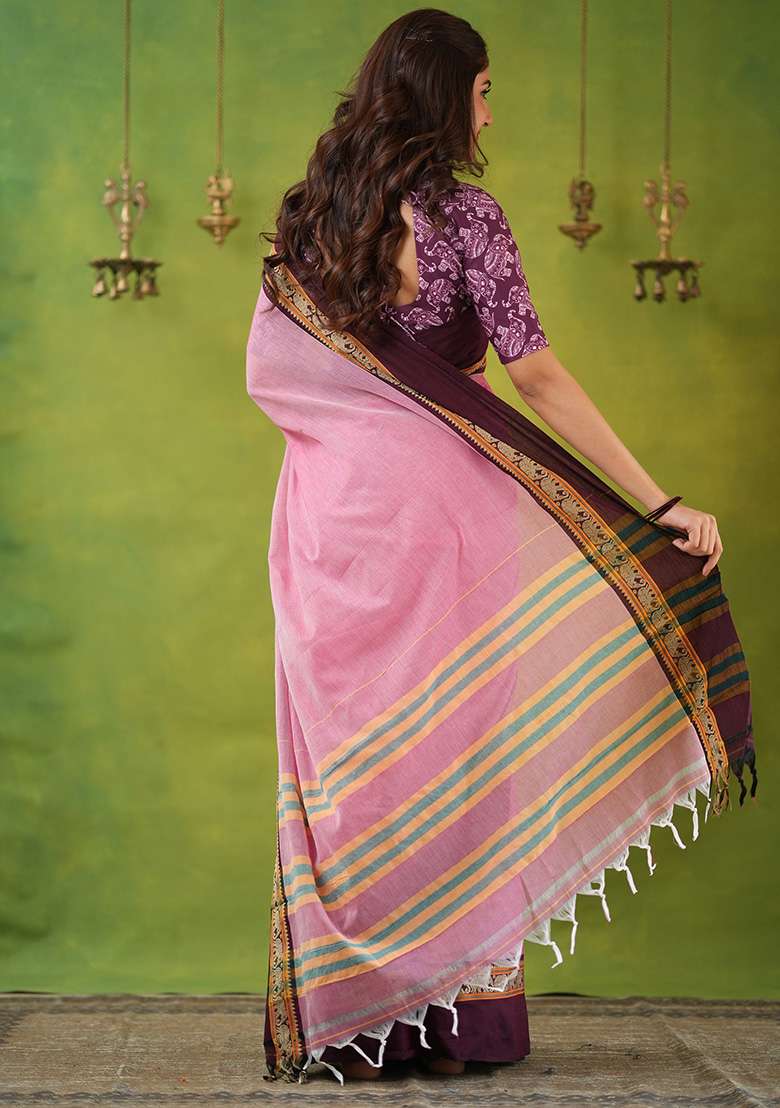 Pink Weaving Cotton Saree Set - Indya