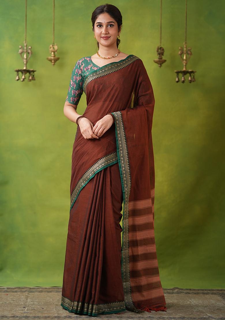Brown Weaving Cotton Saree Set