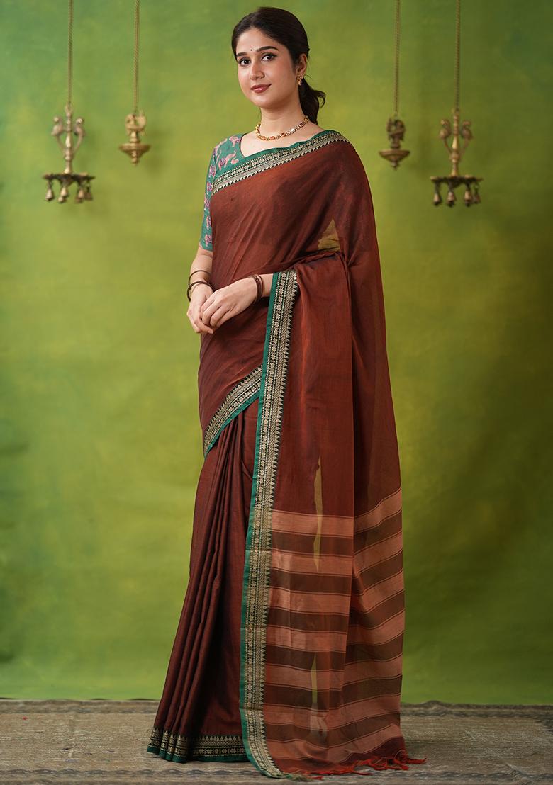 Brown Weaving Cotton Saree Set