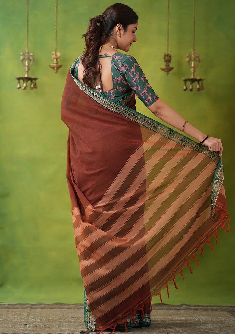 Brown Weaving Cotton Saree Set