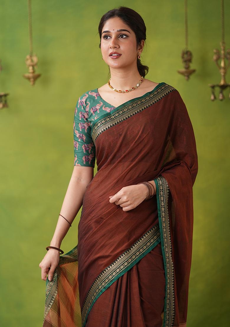 Brown Weaving Cotton Saree Set