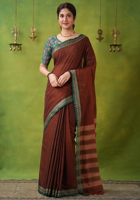 Brown Weaving Cotton Saree Set