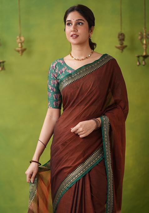Brown Weaving Cotton Saree Set
