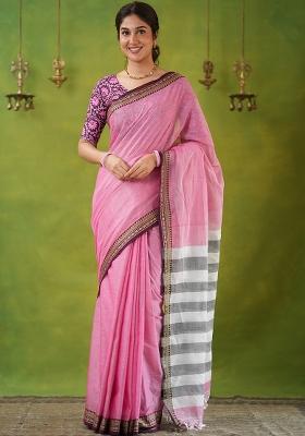 Pink Weaving Cotton Saree Set