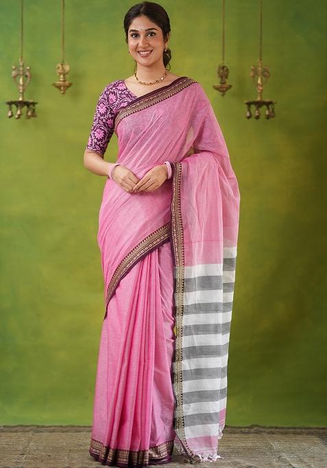 Pink Weaving Cotton Saree Set