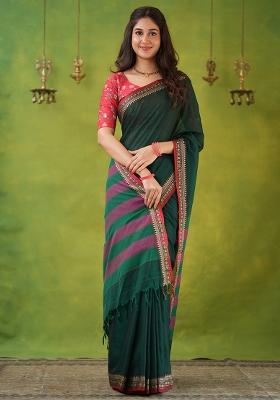 Green Weaving Cotton Saree Set
