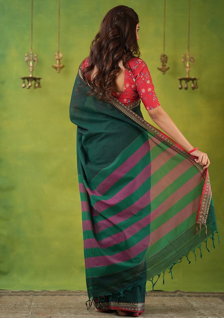 Green Weaving Cotton Saree Set