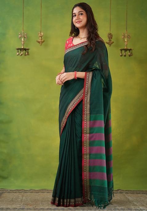 Green Weaving Cotton Saree Set