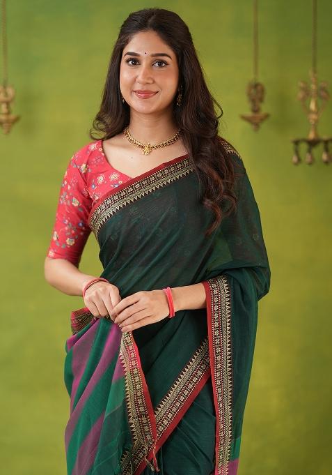 Green Weaving Cotton Saree Set