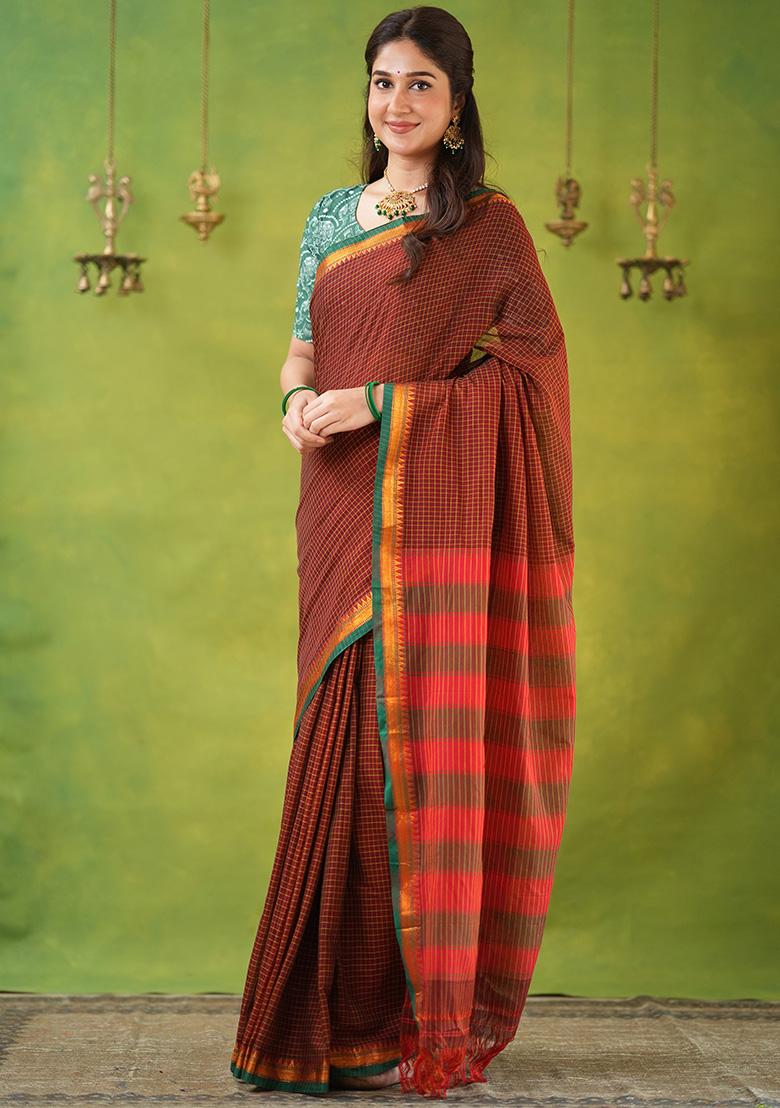 Brown Weaving Cotton Saree Set