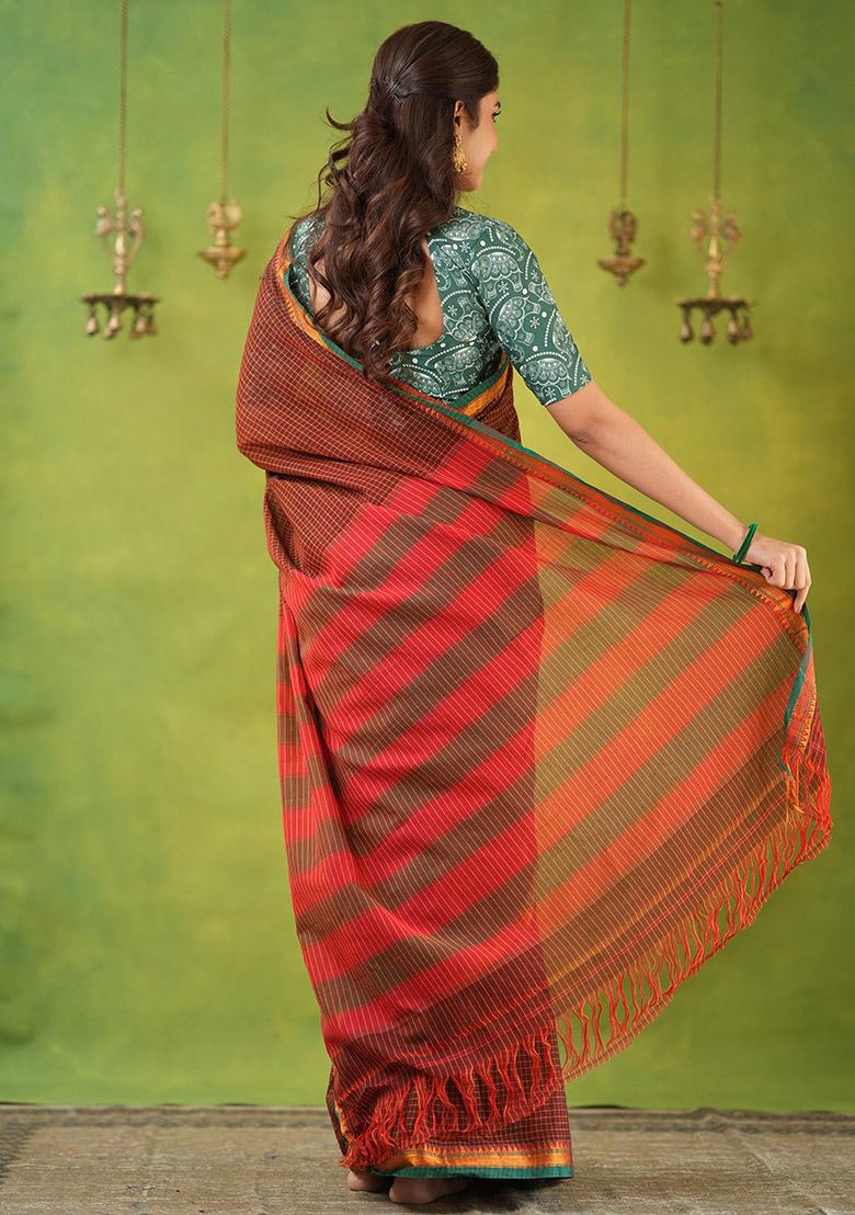 Brown Weaving Cotton Saree Set