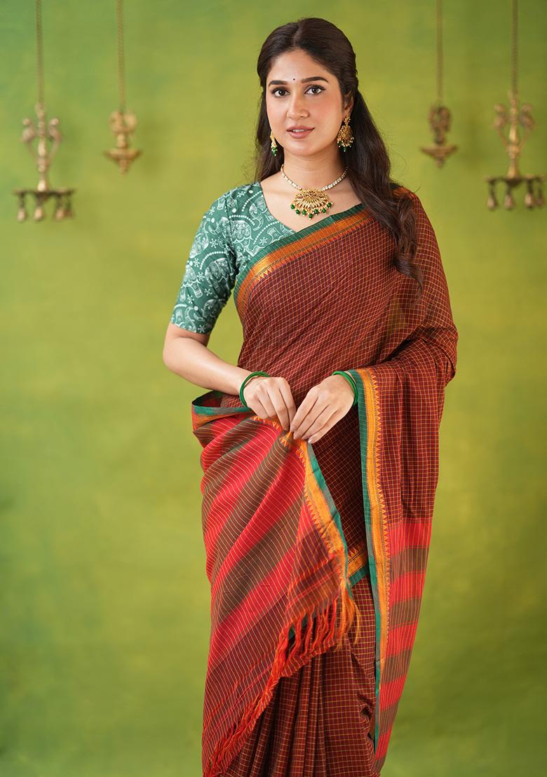 Brown Weaving Cotton Saree Set