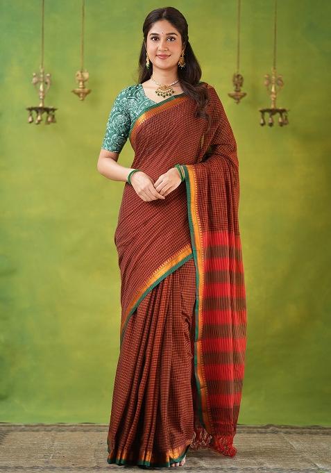 Brown Weaving Cotton Saree Set